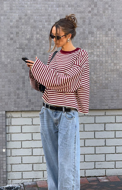 OLANE Striped Oversized Knit Sweater BurgundyXSWomen's Sweaters & Cardigans