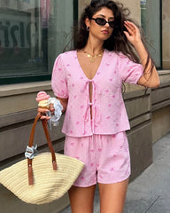 Striped Puff Sleeve Tie-Front Shorts Set
