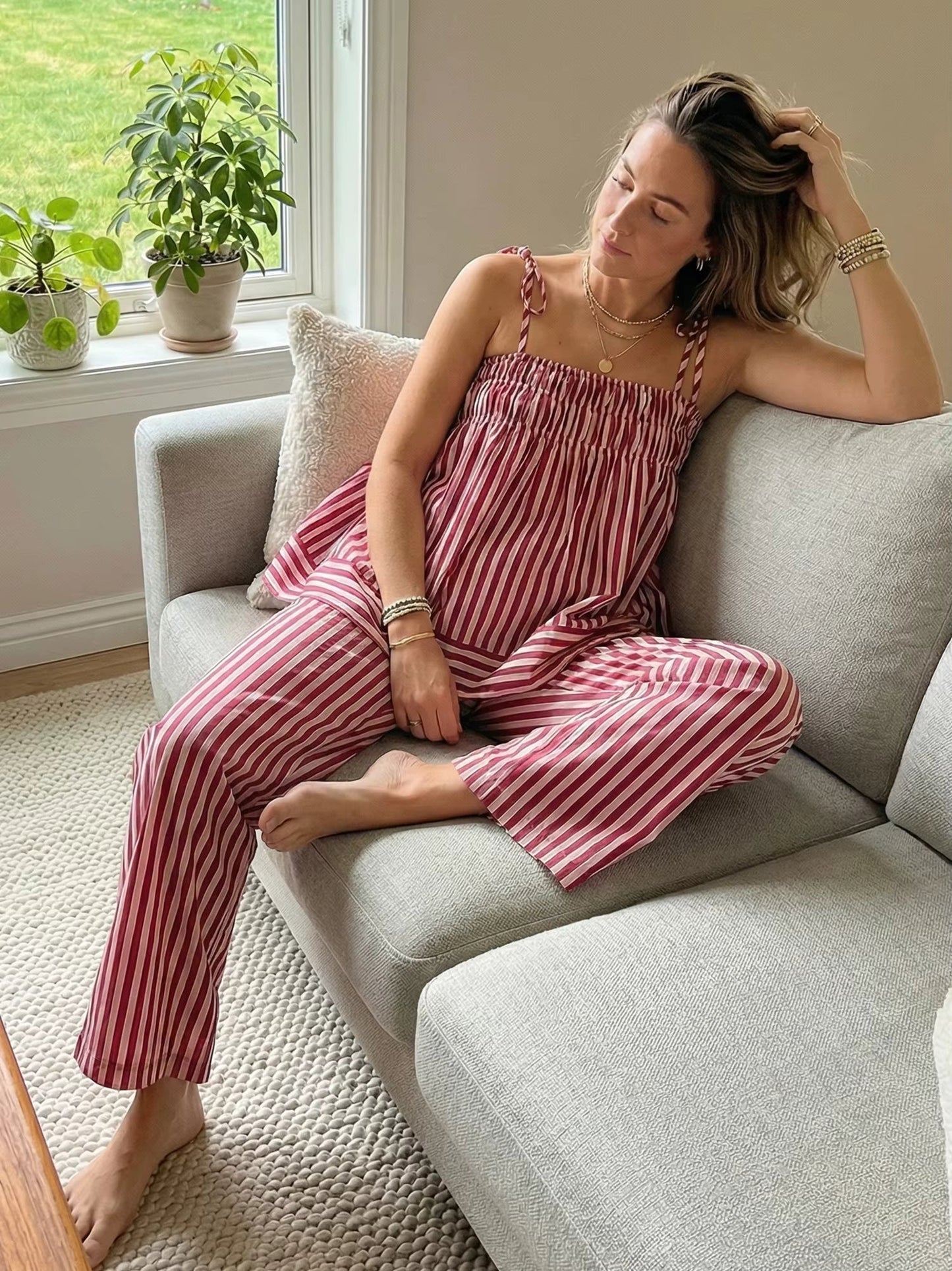 OLANE Striped Ruffle Sleepwear Set LWomen's Sets
