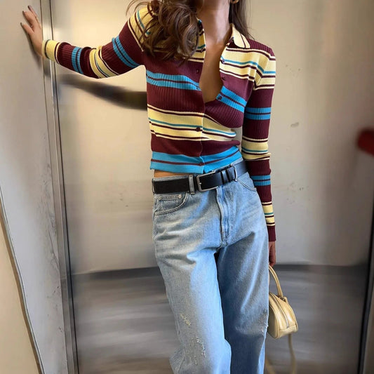 OLANE Striped Single-Breasted Knit Cardigan SWomen's Sweaters & Cardigans