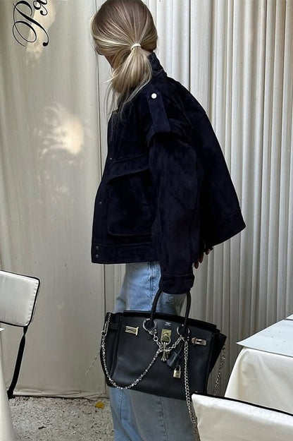 OLANE Structured Wide Shoulder Suede Jacket BlueMWomen's Coats & Jackets