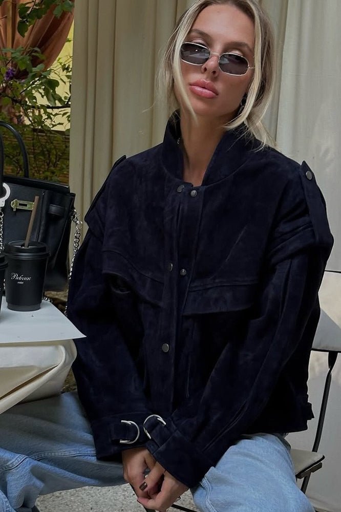 OLANE Structured Wide Shoulder Suede Jacket BlueSWomen's Coats & Jackets