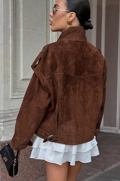 OLANE Structured Wide Shoulder Suede Jacket BrownSWomen's Coats & Jackets