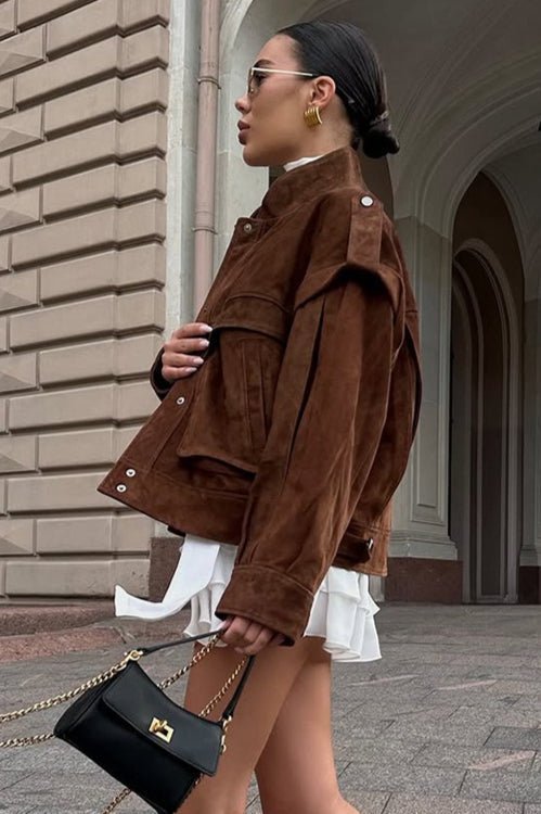 OLANE Structured Wide Shoulder Suede Jacket BrownSWomen's Coats & Jackets