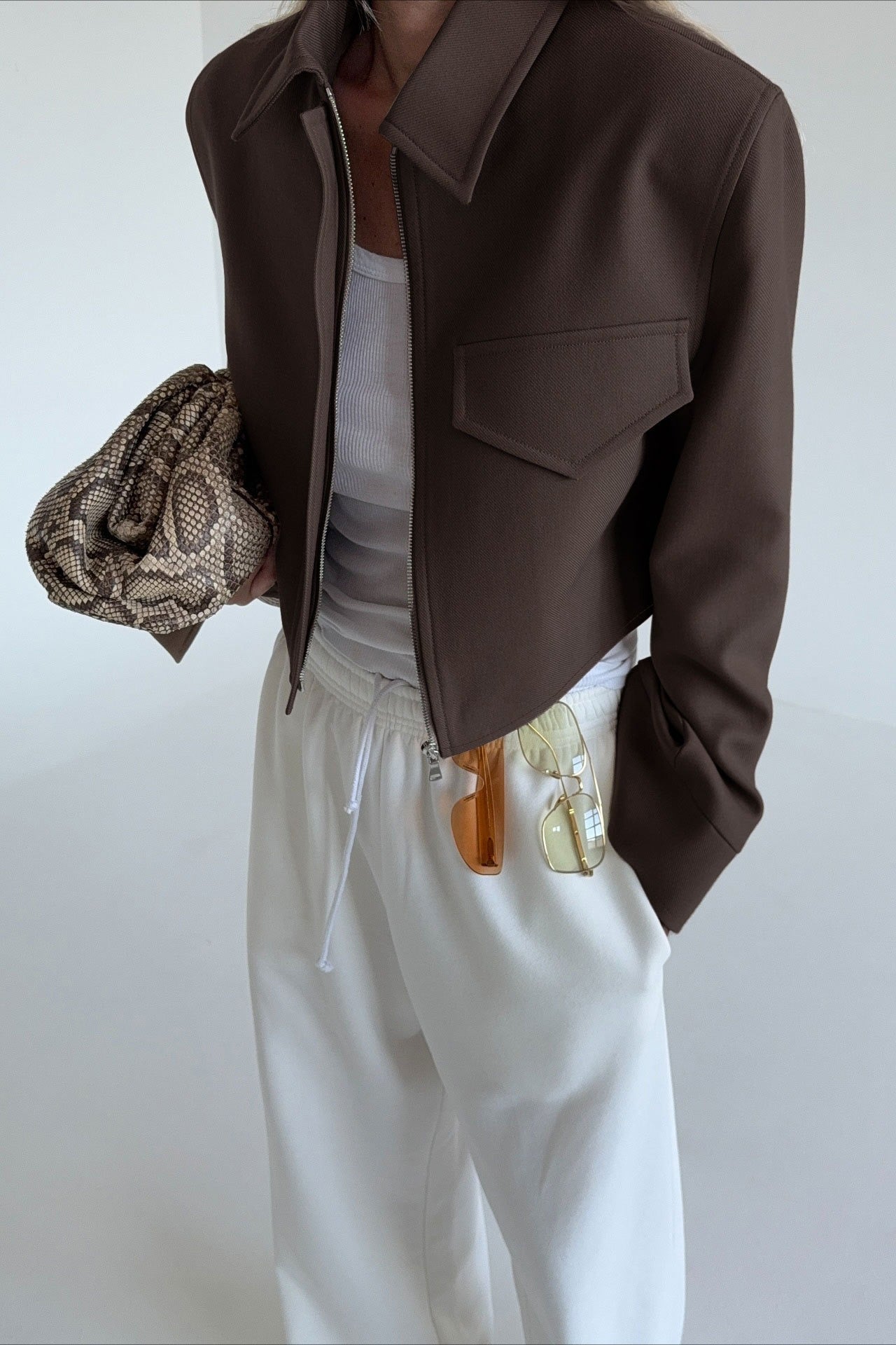 OLANE Stylish Brown Cropped Zip Jacket BrownSWomen's Coats & Jackets
