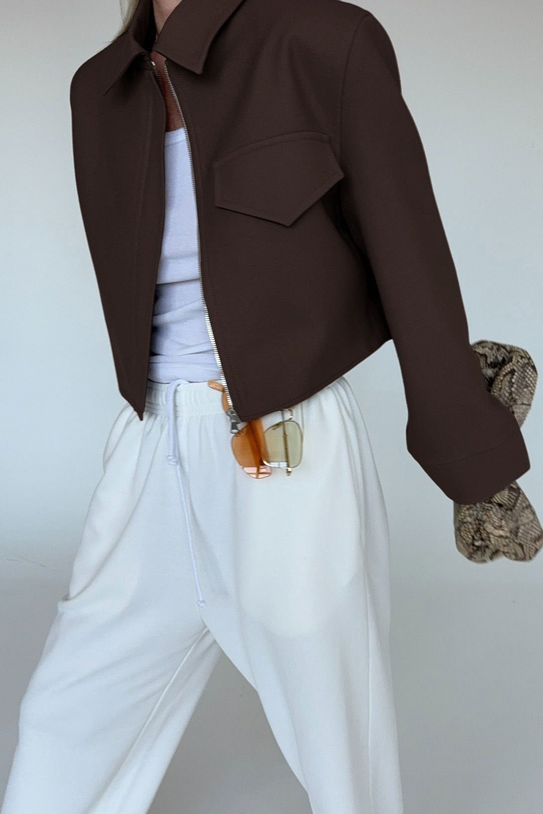 OLANE Stylish Brown Cropped Zip Jacket BrownSWomen's Coats & Jackets