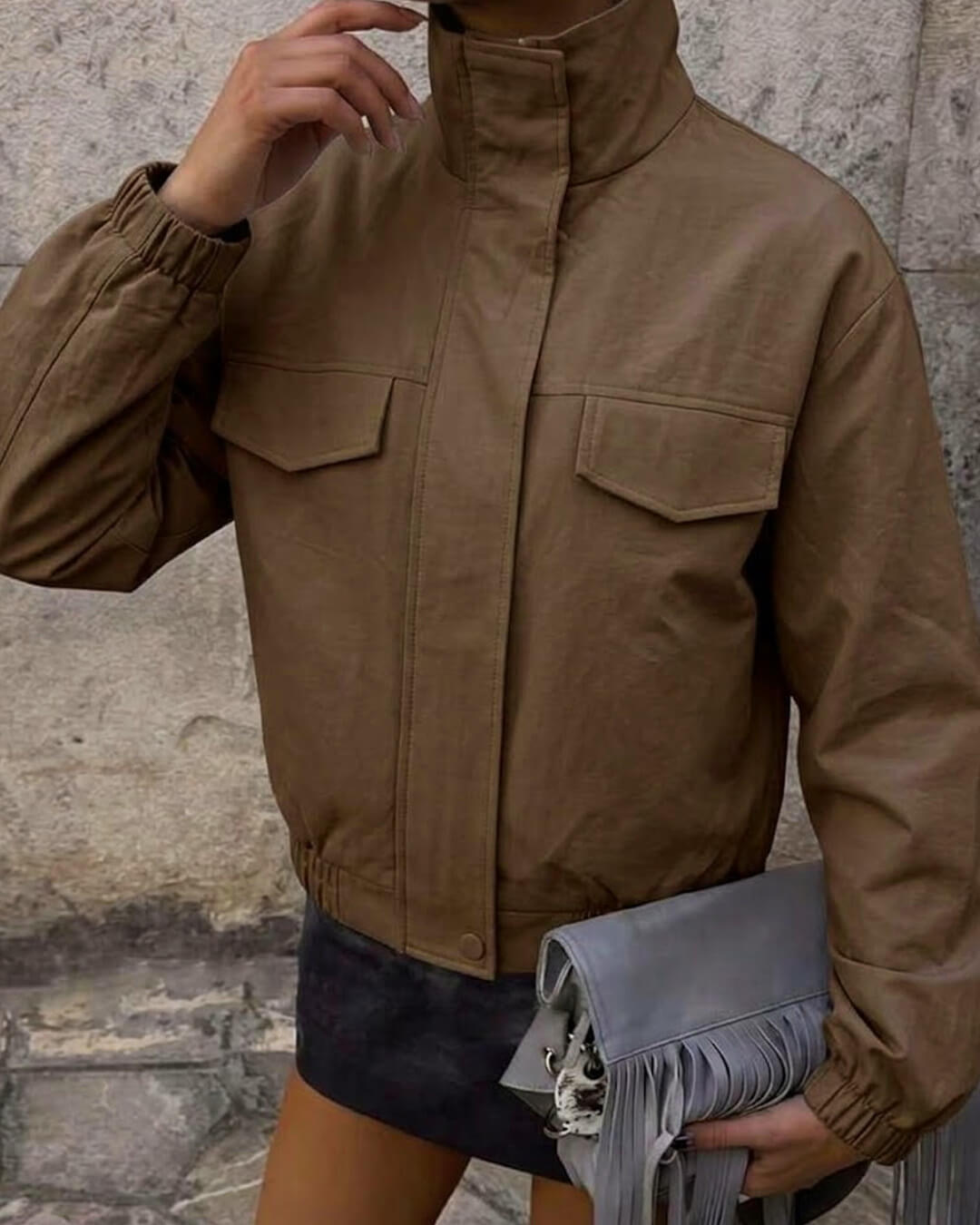 OLANE Stylish Brown Cropped Zip Jacket BrownSWomen's Coats & Jackets