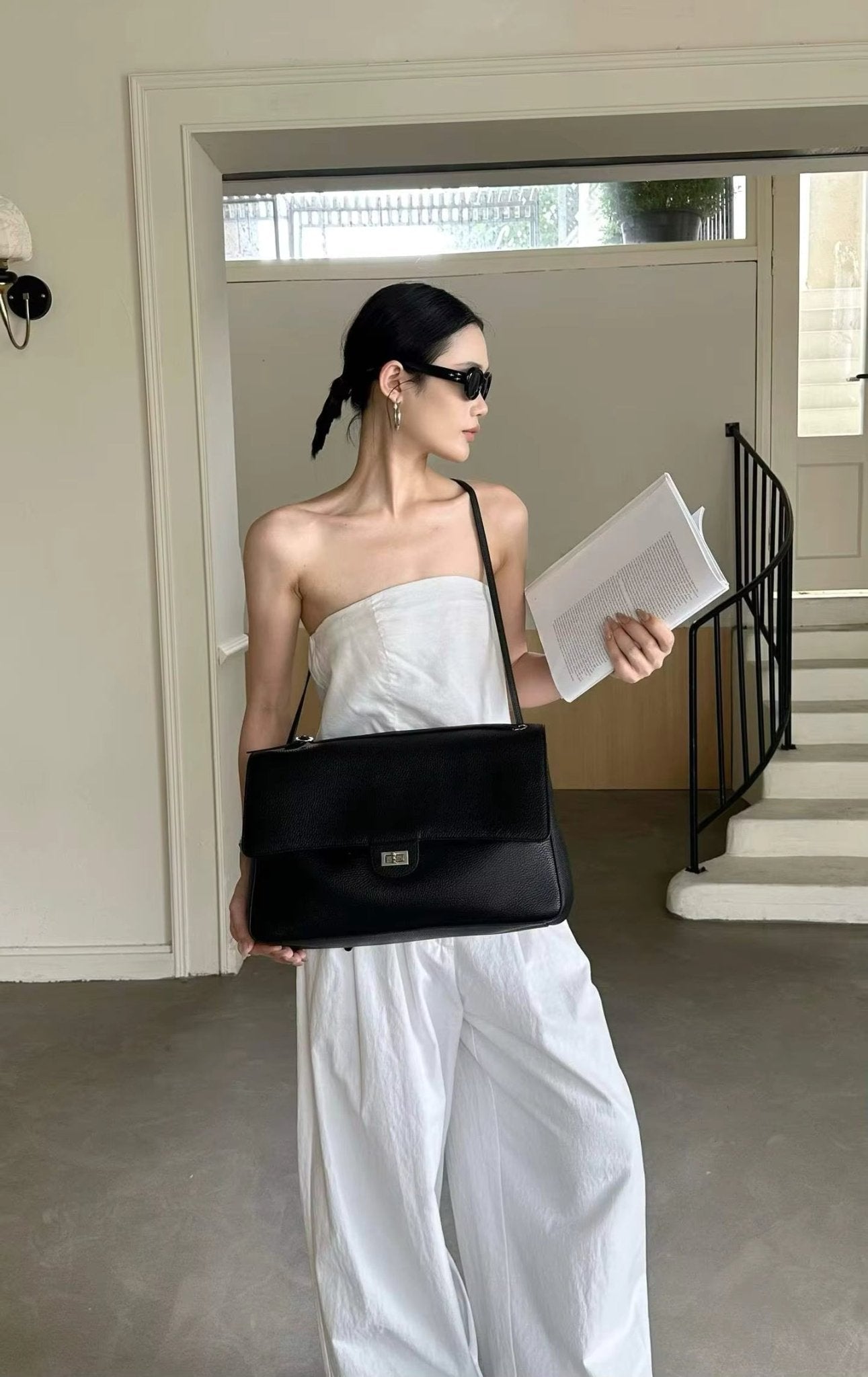 OLANE Stylish Chevron Leather Crossbody Bag BeigeBag