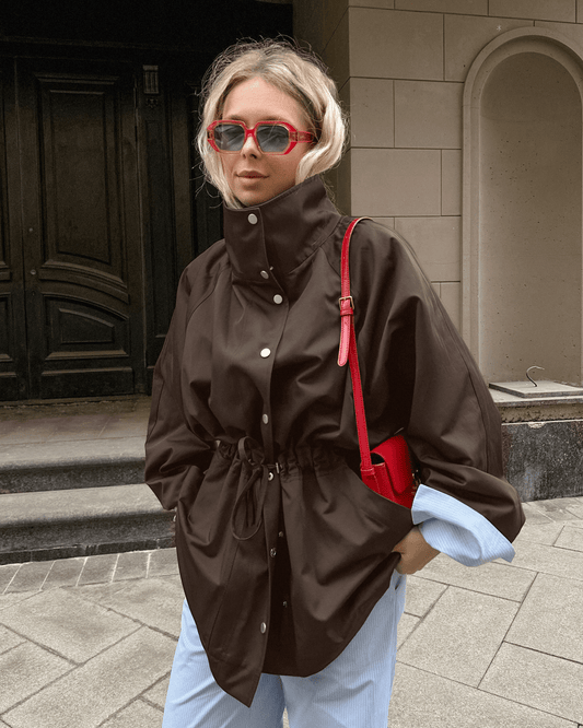 OLANE Stylish Contrast Collar Windbreaker Jacket BrownSWomen's Coats & Jackets
