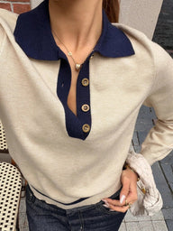 Stylish Contrast Knit Polo Sweater