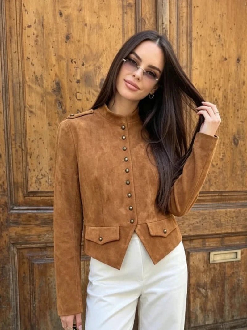 OLANE Stylish Faux Suede Button Cropped Coat BrownSWomen's Coats & Jackets