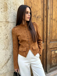 Manteau court boutonné en suédine synthétique élégant