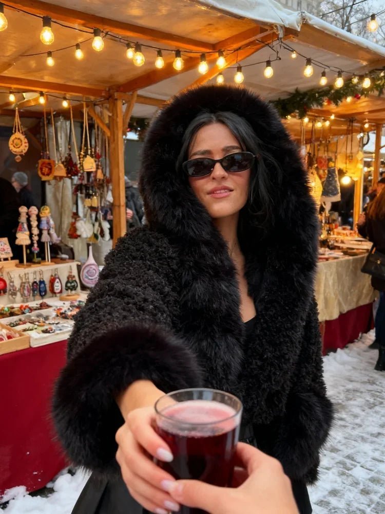 OLANE Stylish Fluffy Hooded Faux Fur Jacket BlackSWomen's Coats & Jackets