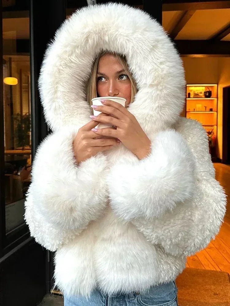 OLANE Stylish Fluffy Hooded Faux Fur Jacket WhiteSWomen's Coats & Jackets