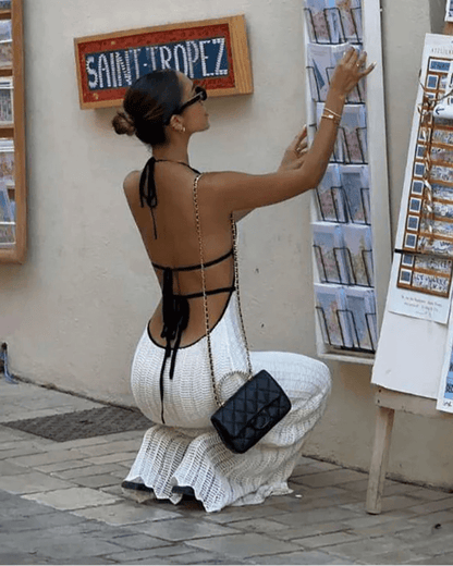 OLANE Stylish Lace Up Halter Maxi Dress WhiteXSWomen’s Dresses