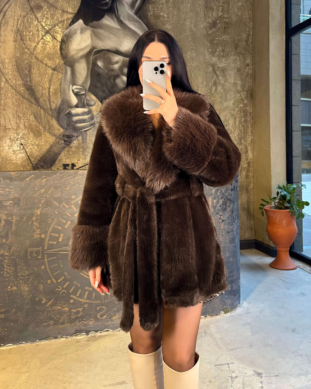 OLANE Stylish Oversized Belted Faux Fur Coat Dark BrownSWomen's Coats & Jackets
