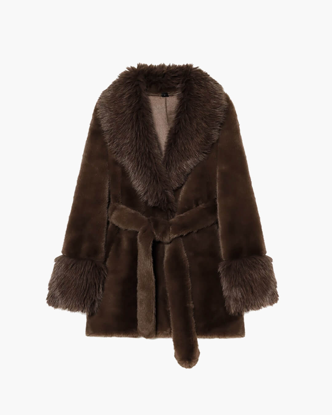 OLANE Stylish Oversized Belted Faux Fur Coat Dark BrownSWomen's Coats & Jackets