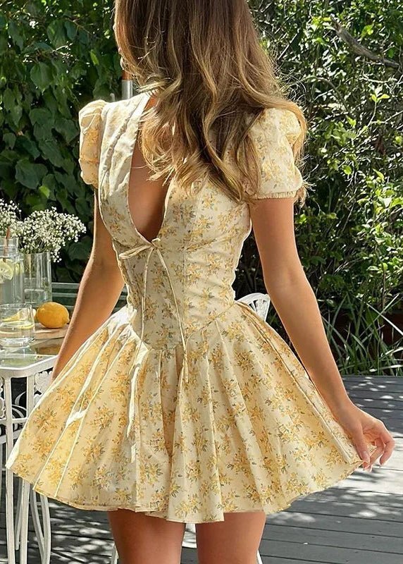 OLANE Stylish Pleated V-Neck Mini Dress LWomen’s Dresses