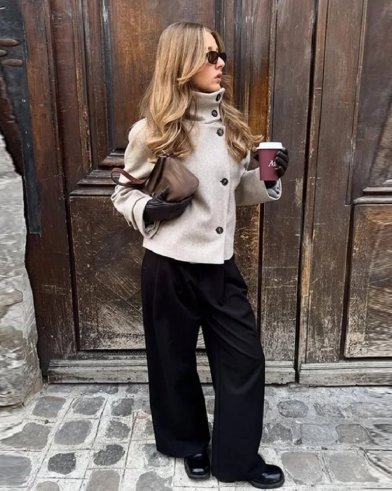 OLANE Stylish Stand Collar Jacket with Pockets BeigeSWomen's Coats & Jackets