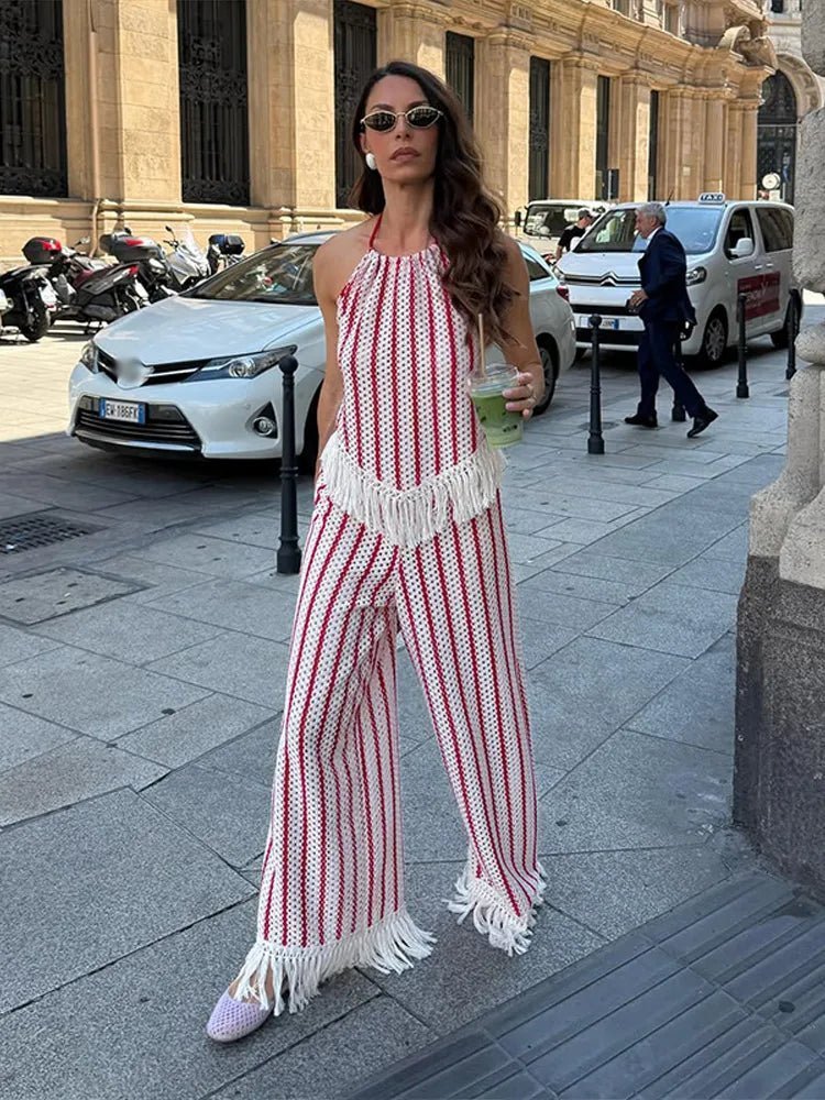 OLANE Stylish Striped Fringe Two-Piece Set LWomen's Sets