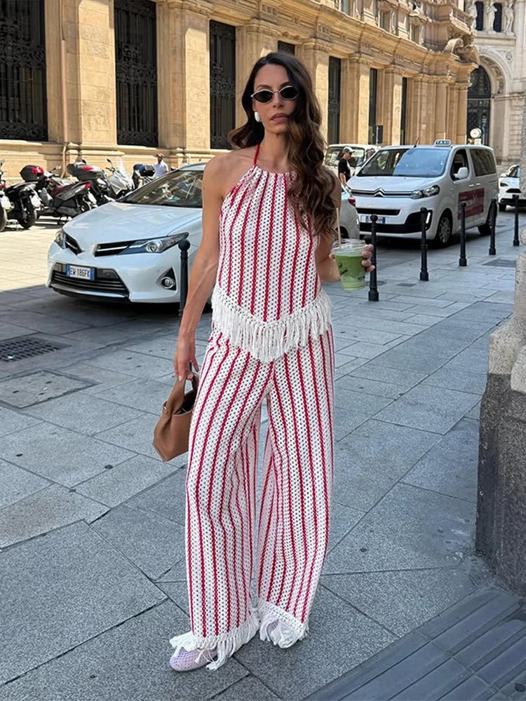 OLANE Stylish Striped Fringe Two-Piece Set SWomen's Sets