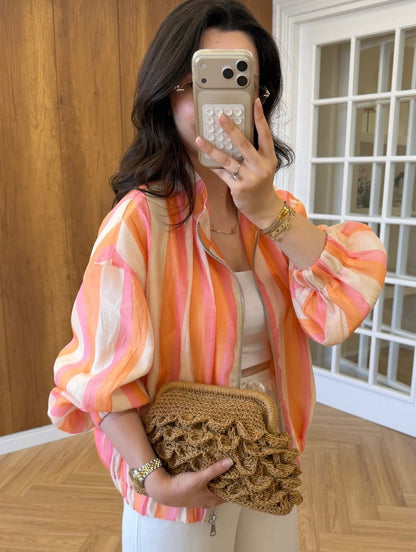 OLANE Stylish Zip-Front Candy Bomber Jacket LWomen's Coats & Jackets