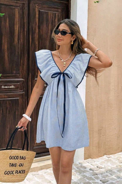 OLANE Tahlia Striped V - Neck Ruffle Mini Dress BlueSDress