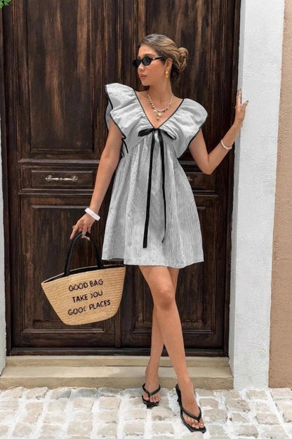 OLANE Tahlia Striped V - Neck Ruffle Mini Dress GreenSDress