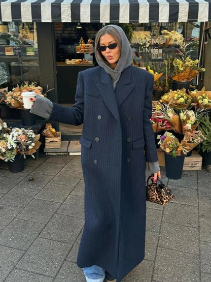 OLANE Tailored Long Double-Breasted Coat Navy BlueSWomen's Coats & Jackets