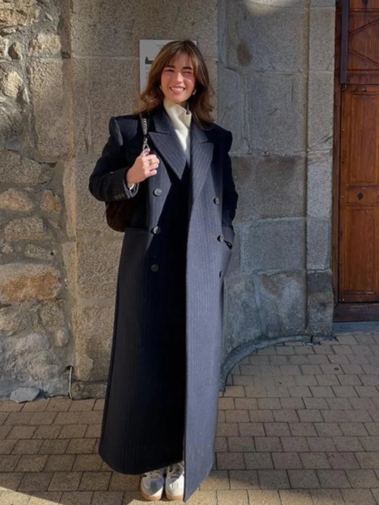 OLANE Tailored Long Double-Breasted Coat Navy BlueSWomen's Coats & Jackets