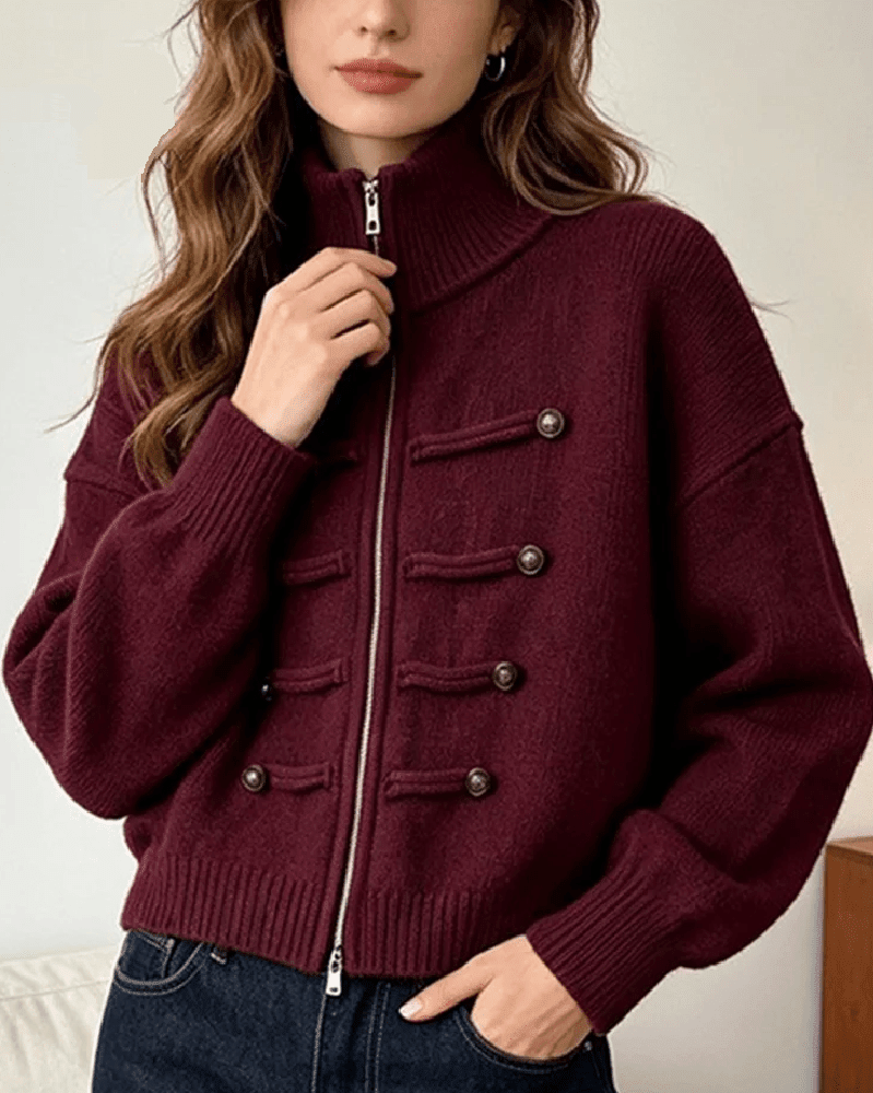 OLANE Turtleneck Zip Knit Cardigan Dark RedOne sizeWomen's Sweaters & Cardigans