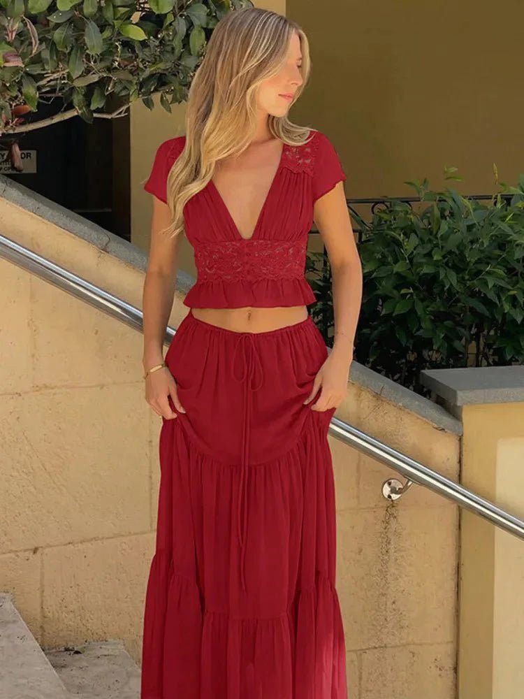 OLANE V-Neck Lace Crop Top Chiffon Two-Piece Set GreenXSWomen's Sets