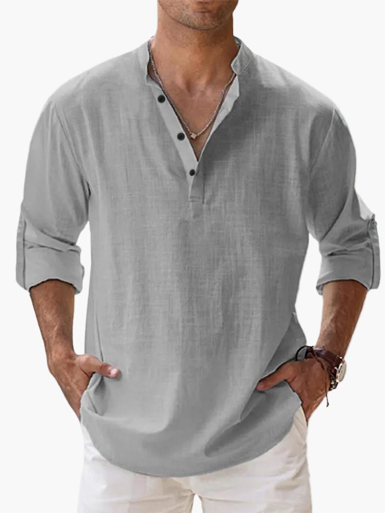 OLANE Vegan Linen Long Sleeve Half Placket Shirt GreySMen's Tops