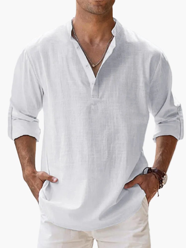 OLANE Vegan Linen Long Sleeve Half Placket Shirt WhiteSMen's Tops