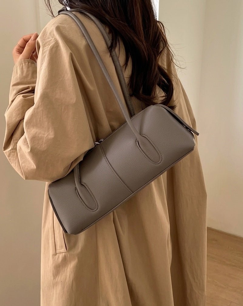 OLANE Vintage Cylindrical Leather Shoulder Bag Taupe-GreyWomen's Handbags