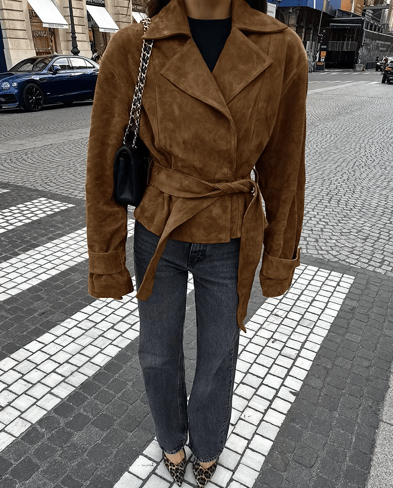 OLANE Vintage Faux Suede Belted Wrap Jacket BrownSWomen's Coats & Jackets