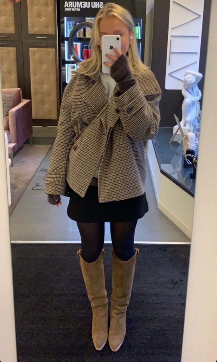 Funnel Neck Houndstooth Short Jacket