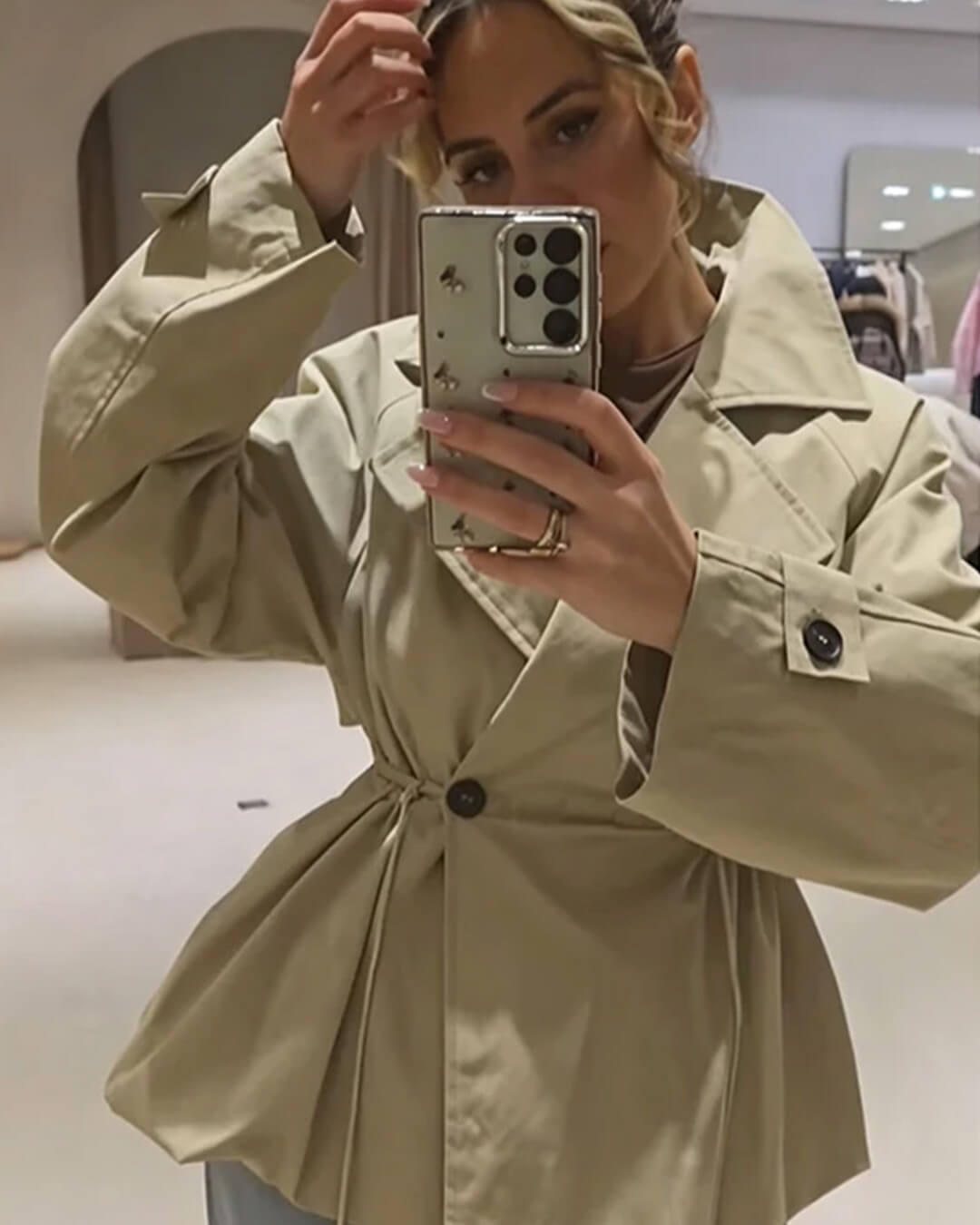 Lapel Collar Drawstring Trench Coat