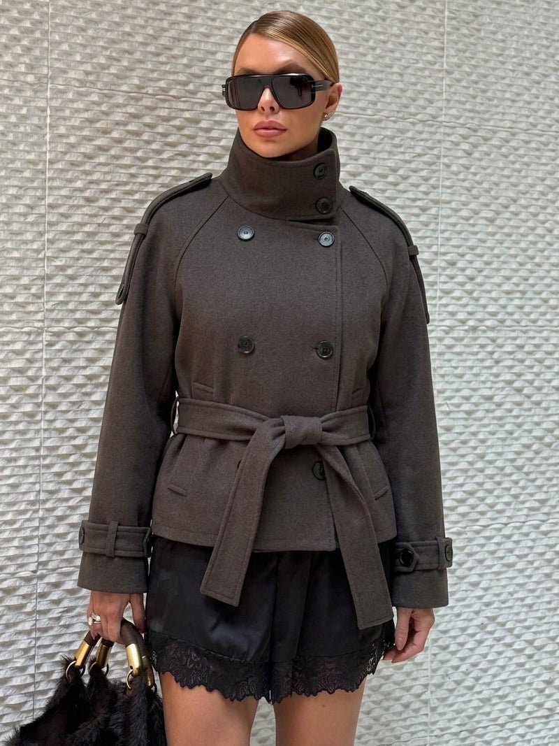 Double Breasted Belted Stand Collar Coat