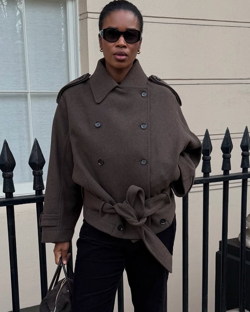 Double Breasted Belted Stand Collar Coat