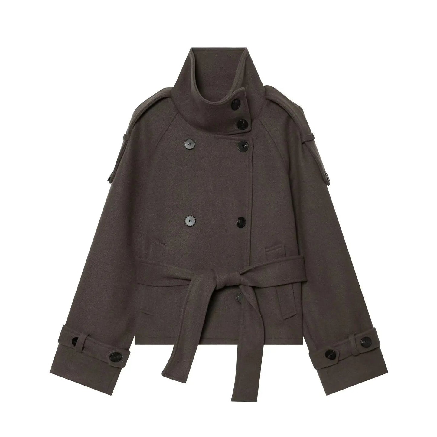 Double Breasted Belted Stand Collar Coat