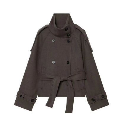 Double Breasted Belted Stand Collar Coat