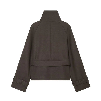 Double Breasted Belted Stand Collar Coat