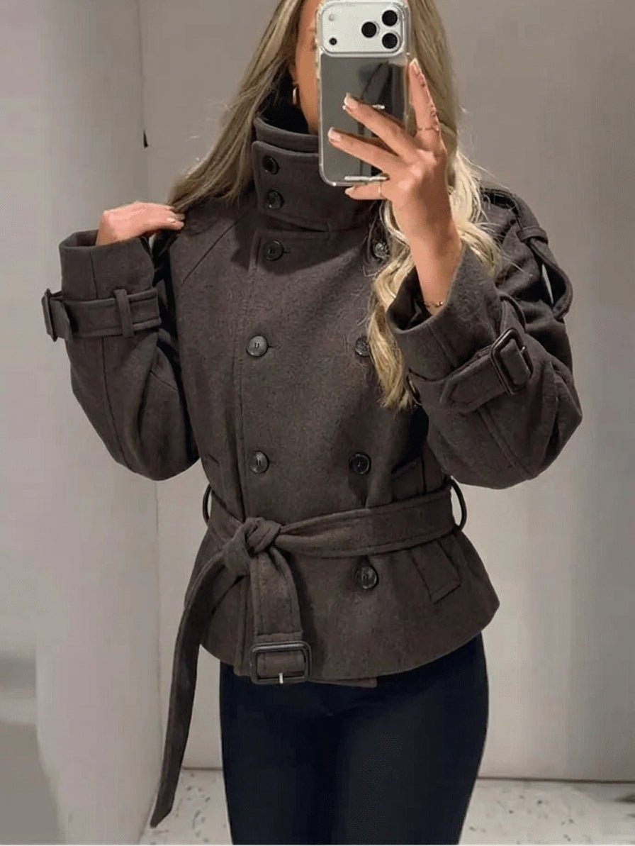 Double Breasted Belted Stand Collar Coat