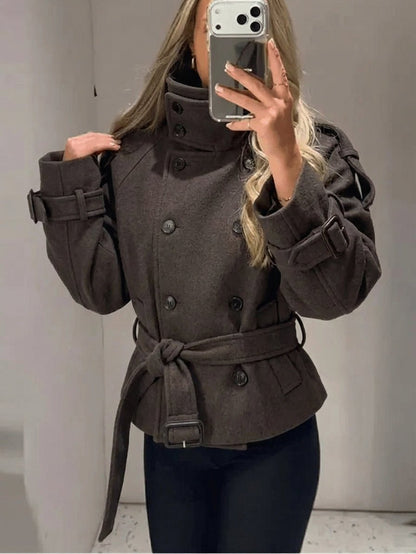 Double Breasted Belted Stand Collar Coat