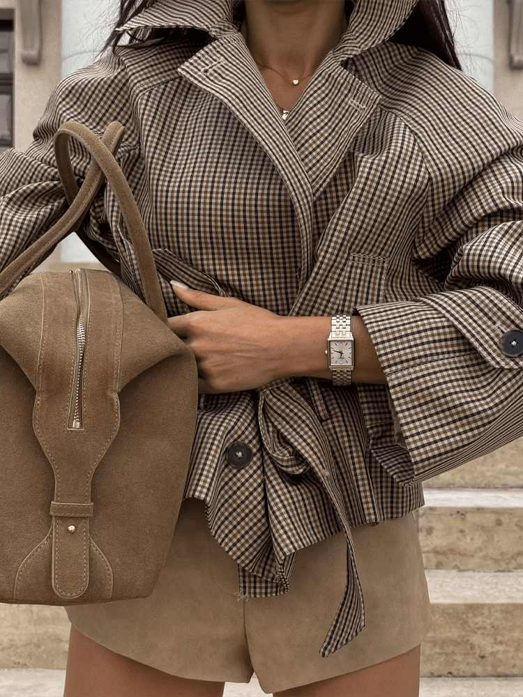 Plaid Funnel Collar Trench Coat