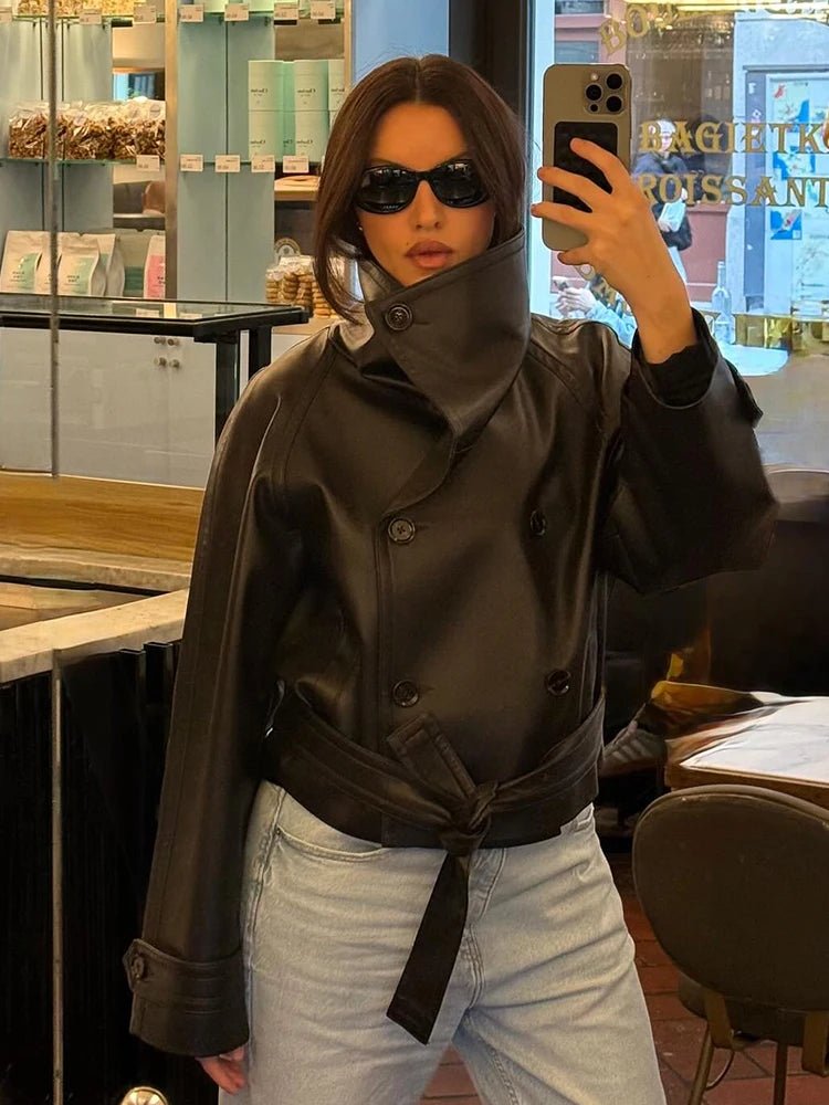 Double-Breasted Faux Leather Lace-Up Trench Coat