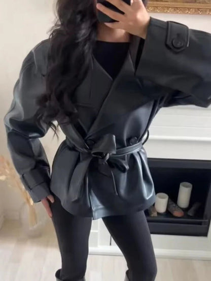 Double-Breasted Faux Leather Lace-Up Trench Coat