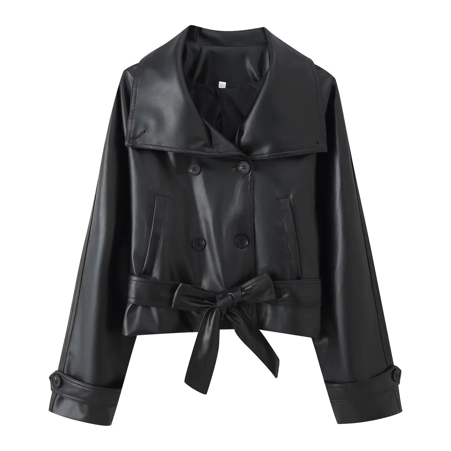 Double-Breasted Faux Leather Lace-Up Trench Coat