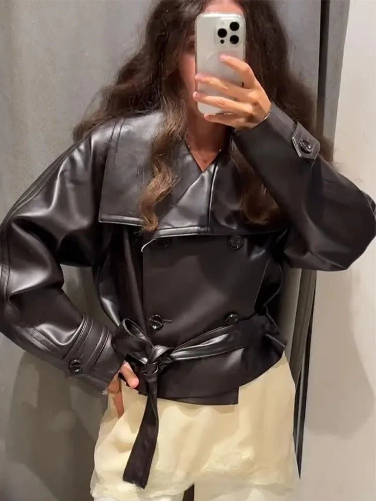 Double-Breasted Faux Leather Lace-Up Trench Coat